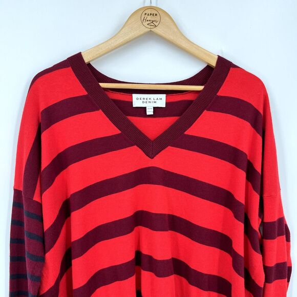 Derek Lam Striped V-neck Sweater in Red, Size XS, Hi-Low Cotton Cashmere - Picture 4 of 11